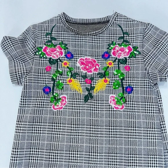 Zara Black and White Plaid Sheath Dress Short Sleeve Crew Neck Sequin Flowers - Picture 7 of 13
